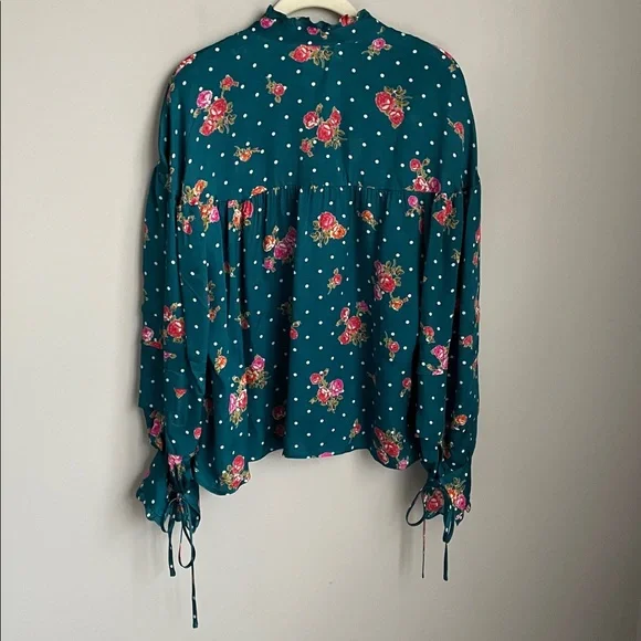 Anthropologie Teal Floral Blouse Pink Floral Print & Polka Dots Size Medium - Picture 4 of 10